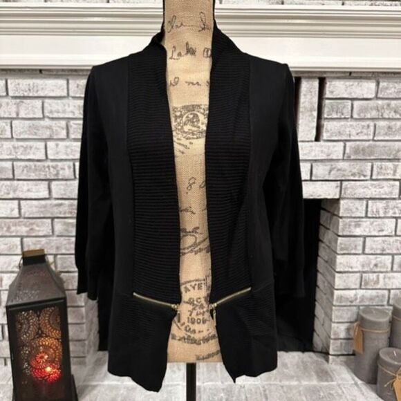 NWT Philosophy Open Cardigan Gold Zipper Medium Stretcb Ribbed Neutral Lagenlook - Picture 7 of 10